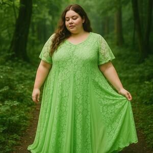 Vintage Green Lace Maxi Dress 20W Cottagecore Fairy Garden Witchy Romantic